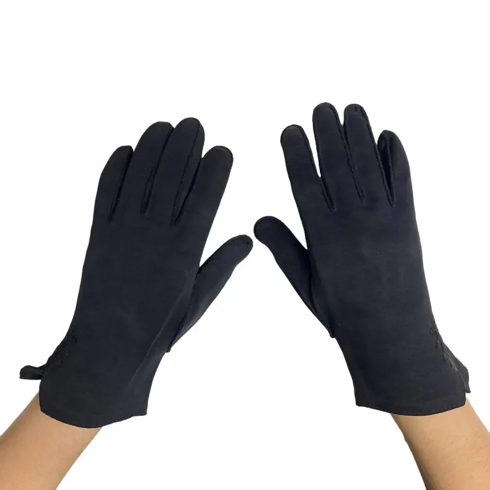 Vintage Womens Black Fabric Floral Embroidered Gloves